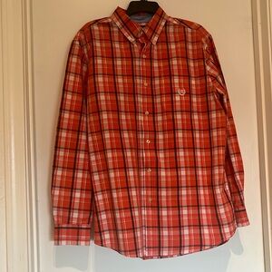 Chaps Long Sleeve Button Down Sz Lrg Plaid Orange White Nvy Blue